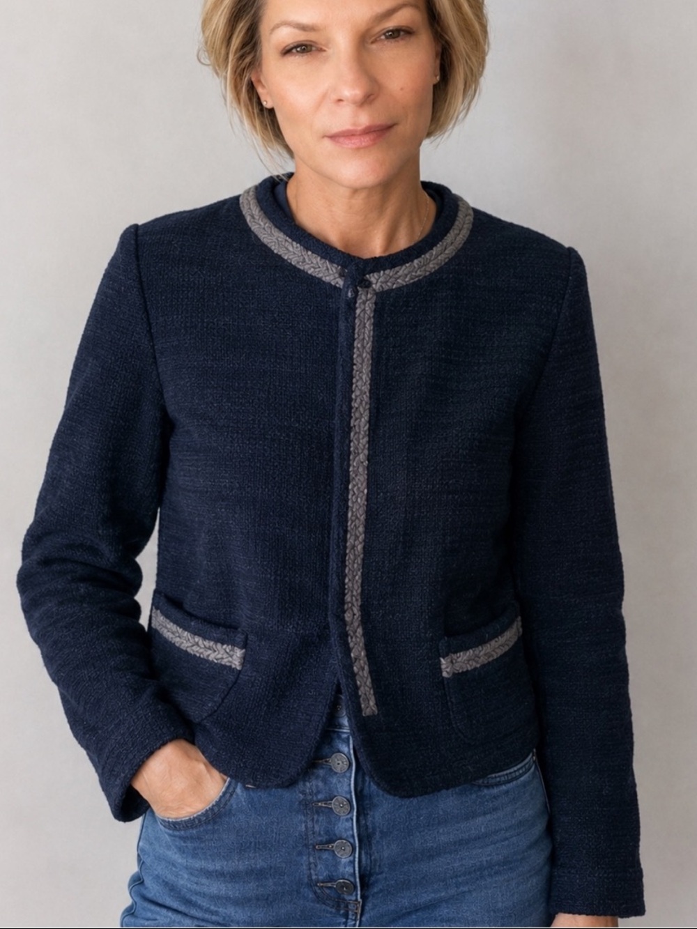 AEO Navy Thick Cotton Crew Neck Snap Front Raw Edge Cardigan Clueless Preppy